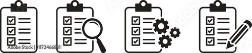 Clipboard checklist icon set, magnifying glass clipboard or data search, analysis, clipboard with processing gear, clipboard with pen or note taking. Vector illustration