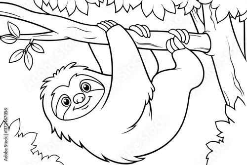 Adorable Sloth Hanging on Tree Branch Coloring Page Illustration