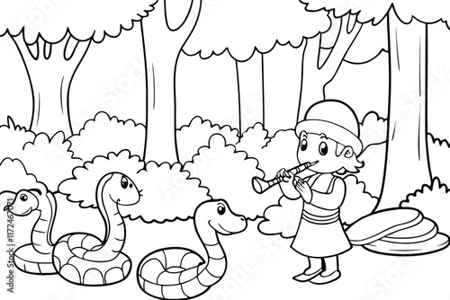 Charming Piper Enchants Snakes in a Lush Forest Scene