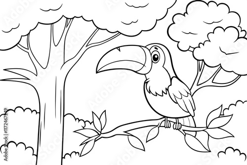 Tropical Toucan Coloring Page Rainforest Bird Illustration