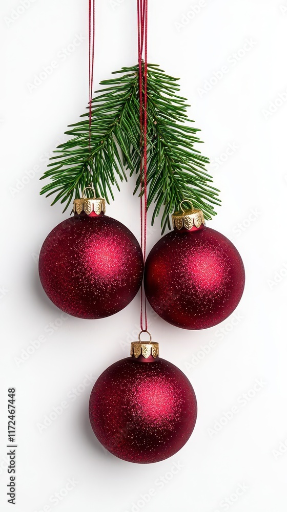 A photostock of a cluster of red Christmas tree ornaments with glittering details, hanging gracefully on green pine branches against a clean white backdrop. High Quality A photostock of a cluster of red Christmas tree ornaments with glittering details, hanging gracefully on green pine branches against a clean white backdrop. High Quality