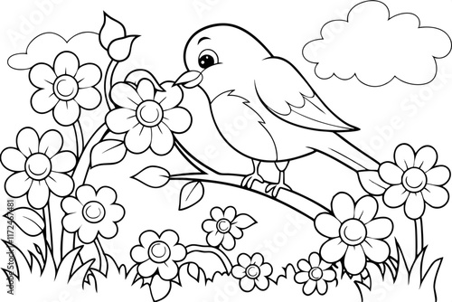 Cute Bird on Branch, Spring Flowers, Coloring Page, Nature Scene