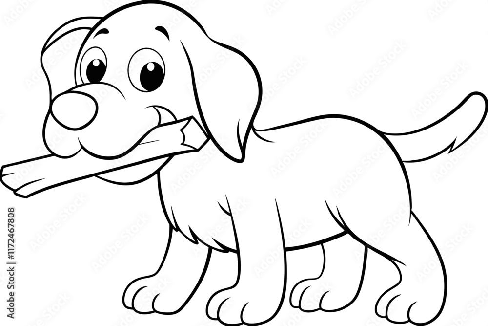 Fototapeta premium Adorable Golden Retriever Puppy Cartoon, Stick in Mouth, Black and White