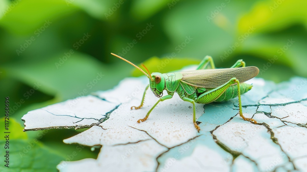 A vibrant green grasshopper perched on a cracked and peeling painted surface, contrasting its natural beauty with the worn human-made object beneath it. A vibrant green grasshopper perched on a cracked and peeling painted surface, contrasting its natural beauty with the worn human-made object beneath it.