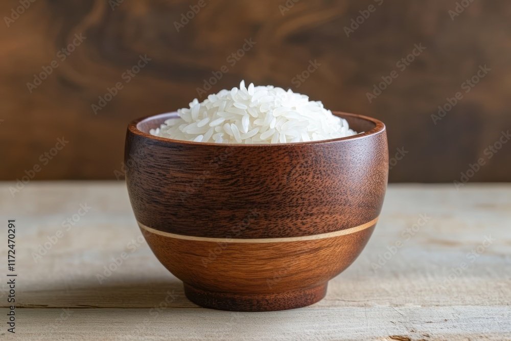Wooden bowl with uncooked white rice on a wooden background Wooden bowl with uncooked white rice on a wooden background