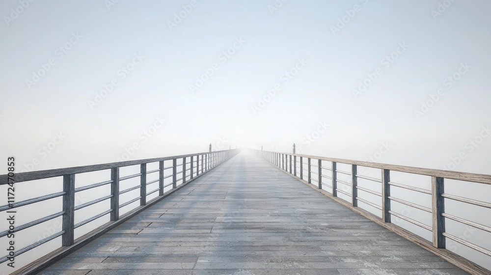 A serene wooden pier extending into a foggy landscape. A serene wooden pier extending into a foggy landscape.