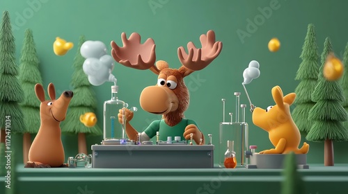 Playful Moose and Friends in a Whimsical Science Lab photo