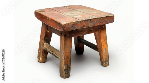 Handcrafted Wooden Stool with Distinct Grain on white background.PNG photo