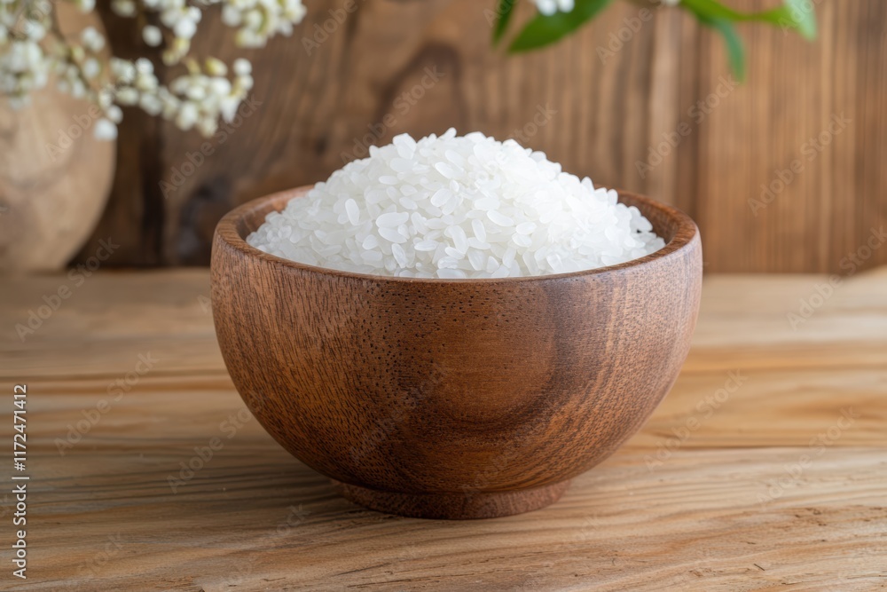 Wooden bowl with uncooked white rice on a wooden background Wooden bowl with uncooked white rice on a wooden background
