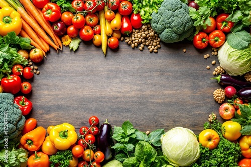 Fresh vegetables and fruits like tomatoes, peppers, carrots, and broccoli placed on wooden background, forming a vibrant culinary concept. Ai generative photo