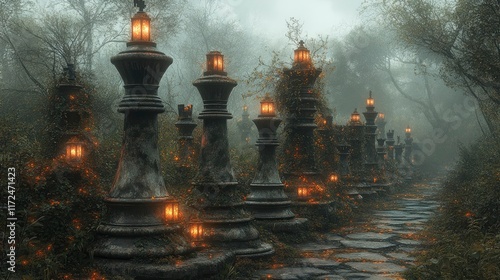 Field of giant chess pieces overgrown with glowing vines photo