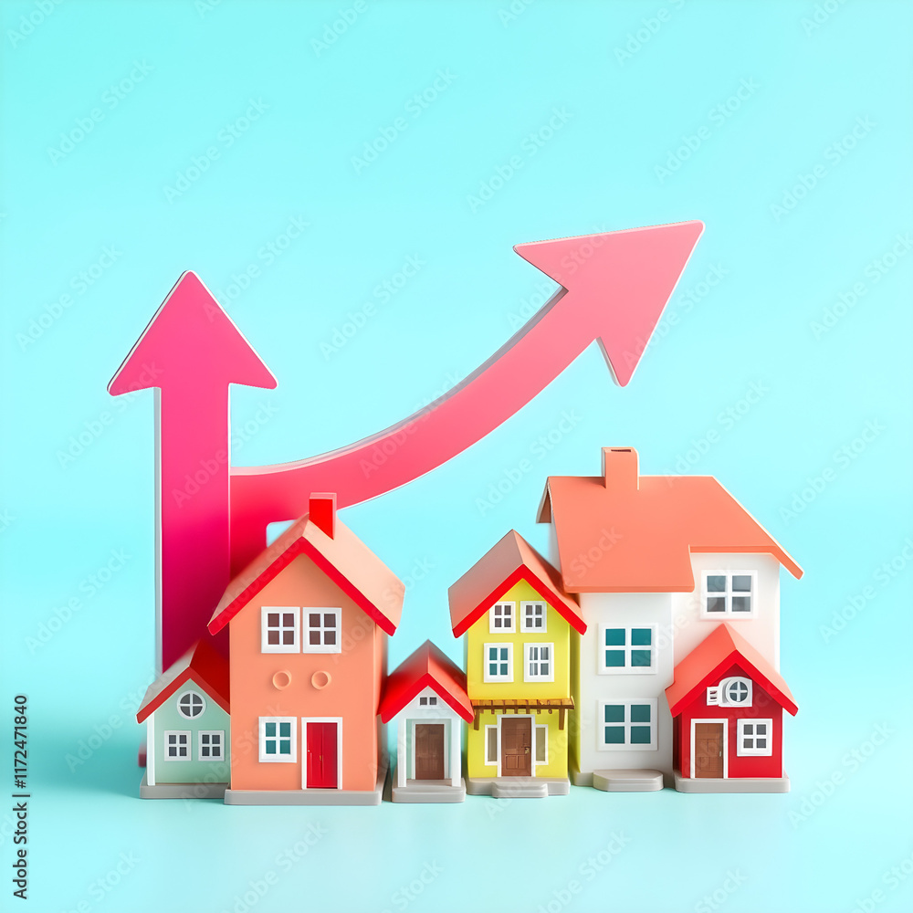 Miniature houses in bright colors with an upward trending arrow on a turquoise background, representing real estate market expansion and success Miniature houses in bright colors with an upward trending arrow on a turquoise background, representing real estate market expansion and success