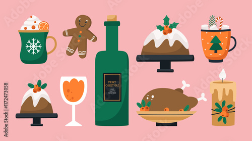 Set of traditional Christmas food on background. Pies, turkey, drinks and sweets.