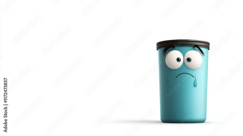 Sad container with large eyes and a single tear representing emotions, feeling down and disappointed, against a minimalist white background, conveying loneliness. Sad container with large eyes and a single tear representing emotions, feeling down and disappointed, against a minimalist white background, conveying loneliness.
