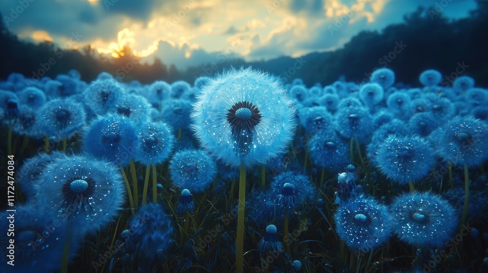 Field of giant dandelions with seeds made of tiny stars Field of giant dandelions with seeds made of tiny stars