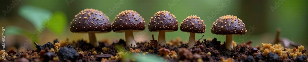Fototapeta premium Truffle fungi with dark brown caps, delicate white gills, and short stems in a forest floor context, dark brown, organic matter
