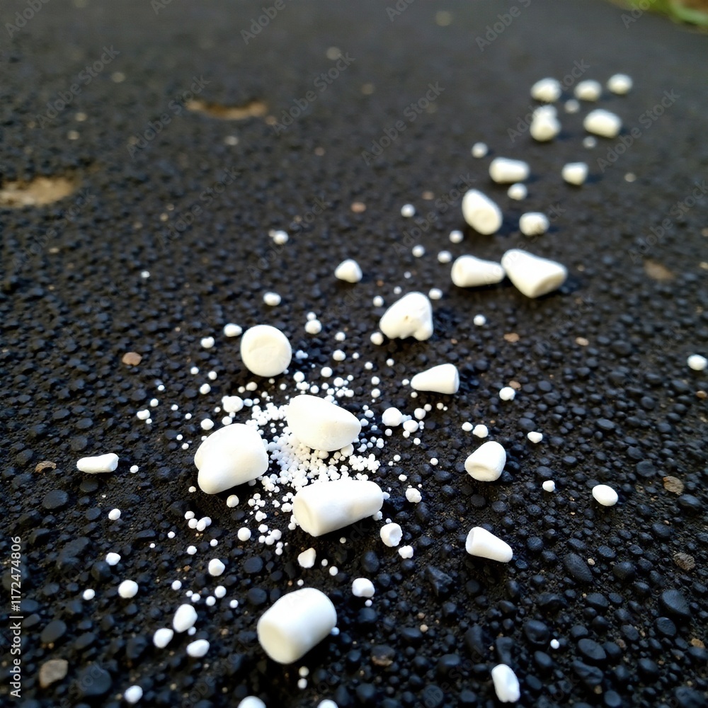 Small white ash fragments scattered on black ground, dusty floor, particle, dull Small white ash fragments scattered on black ground, dusty floor, particle, dull