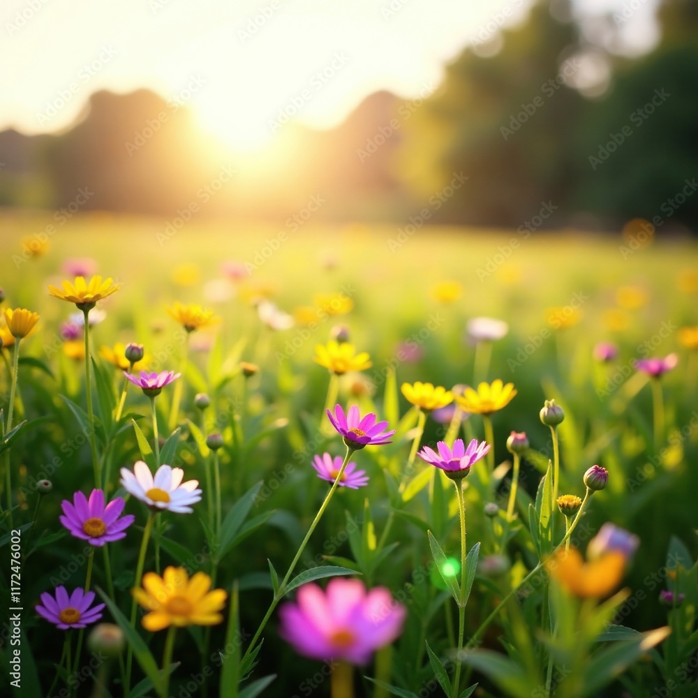 Soft morning light falls on a field of blooming wildflowers, soft focus, landscape Soft morning light falls on a field of blooming wildflowers, soft focus, landscape