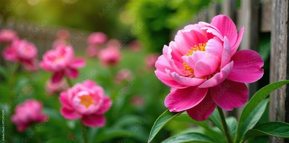 Colorful peony flowers blooming in summer garden fence, summer, blossoms, flowers Colorful peony flowers blooming in summer garden fence, summer, blossoms, flowers