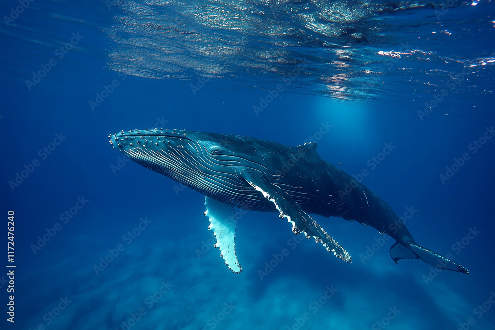 Fototapeta premium Majestic Humpback Whale Swimming Underwater in Deep Blue Ocean