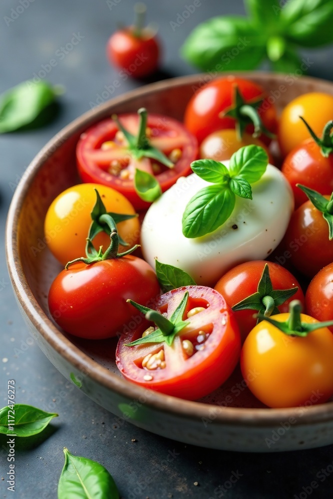 Heirloom tomato salad with burrata cheese and basil, Italian, color palette Heirloom tomato salad with burrata cheese and basil, Italian, color palette