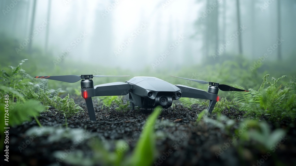 Naklejka premium A sleek black drone resting on a mossy forest floor surrounded by lush greenery and misty trees, showcasing modern technology in a natural setting.