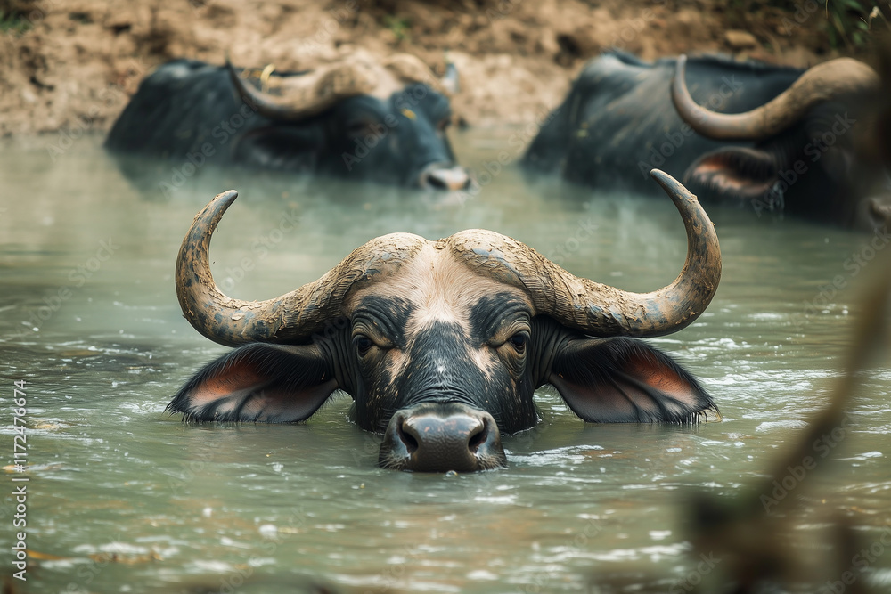 Fototapeta premium Water Buffalo Cooling Off in a Muddy River