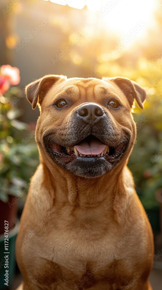 A happy dog smiling in a garden setting with sunlight and plants in the background. A happy dog smiling in a garden setting with sunlight and plants in the background.