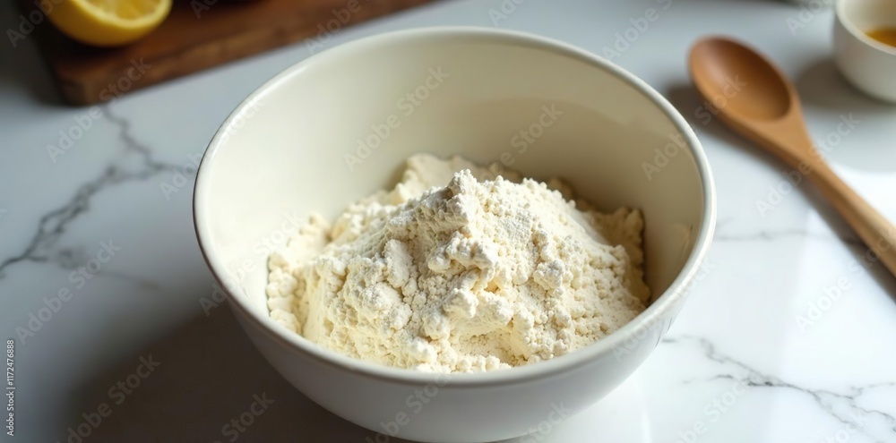 Mixing flour water yeast on a marble countertop, mixing bowl, marble countertop Mixing flour water yeast on a marble countertop, mixing bowl, marble countertop