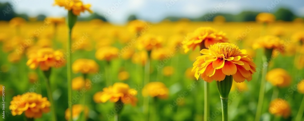 Fototapeta premium Tall stalks of bright yellow and orange marigold flowers in a field, landscape, stalk