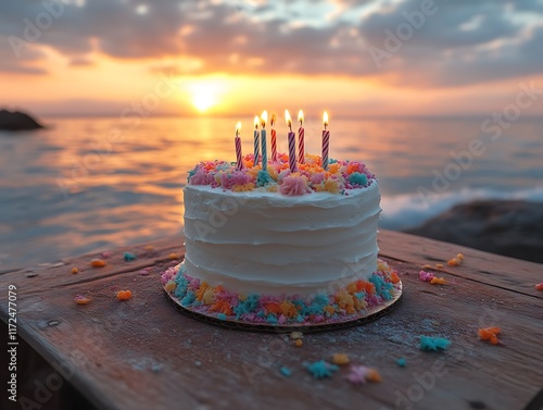 Sunset beach birthday cake with lit candles.