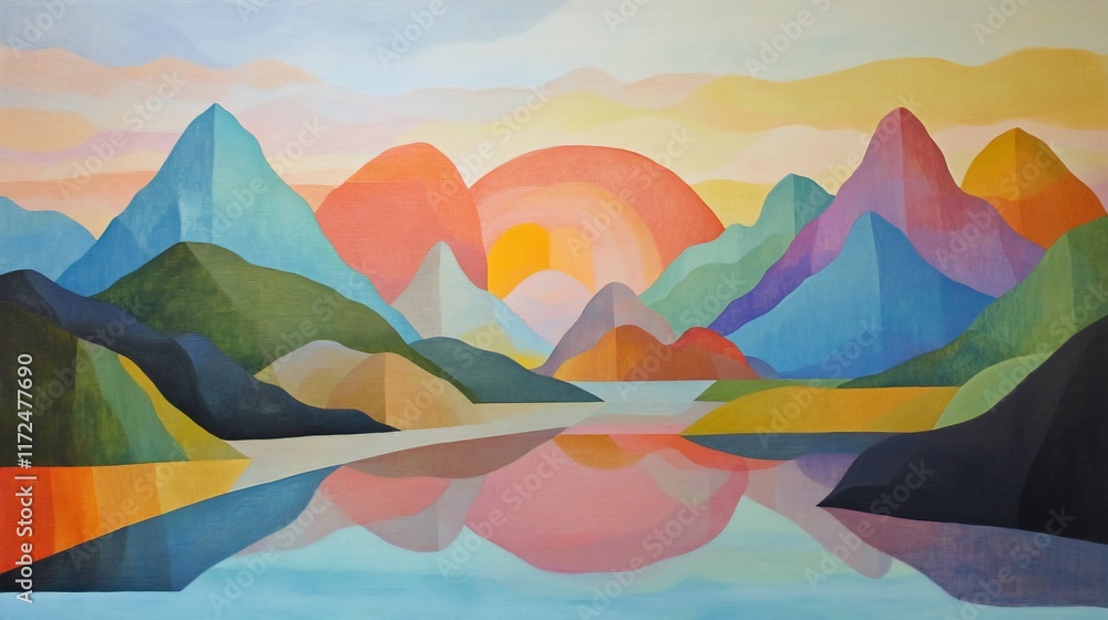 Colorful abstract landscape painting of mountains reflecting in a calm lake at sunrise. Vibrant geometric shapes create a serene and peaceful scene. Colorful abstract landscape painting of mountains reflecting in a calm lake at sunrise. Vibrant geometric shapes create a serene and peaceful scene.