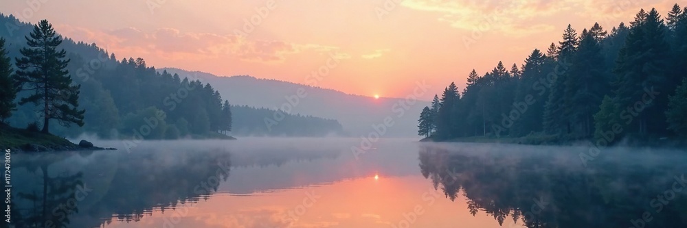 Fototapeta premium Misty dawn by serene lake with towering trees, nature, peaceful atmosphere, tall trees