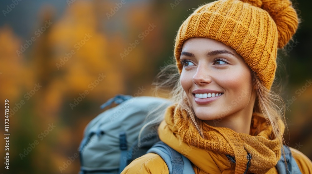 Happy hiker autumn forest backpack travel. Happy hiker autumn forest backpack travel.