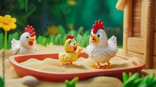 Playful Chicks in Sandbox: A Whimsical 3D Render photo