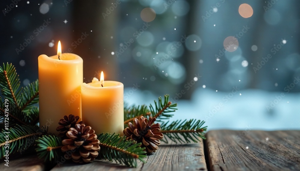 Candles and pinecones on a rustic wooden table with a winter wonderland background, Candles, Wood, Pinecones Candles and pinecones on a rustic wooden table with a winter wonderland background, Candles, Wood, Pinecones