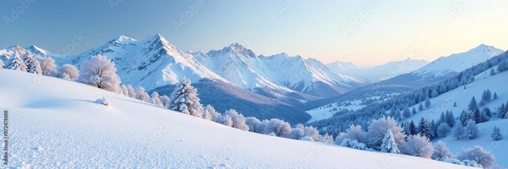 Snow-covered landscape with rolling hills and a distant mountain range, , cold weather Snow-covered landscape with rolling hills and a distant mountain range, , cold weather
