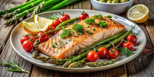 Freshly baked salmon fillet served on a plate with asparagus spears and cherry tomatoes arranged artfully, garnished with fresh herbs like parsley and dill, food, herbs