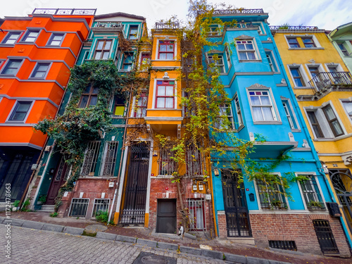 Photography Balat district street view with colorful houses in Istanbul, Turkey