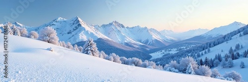 Wallpaper Mural Snow-covered landscape with rolling hills and a distant mountain range, , cold weather Torontodigital.ca