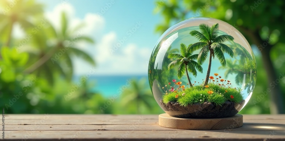 A glass globe displays a serene summer landscape with palm trees and flowers, glass globe, nature A glass globe displays a serene summer landscape with palm trees and flowers, glass globe, nature