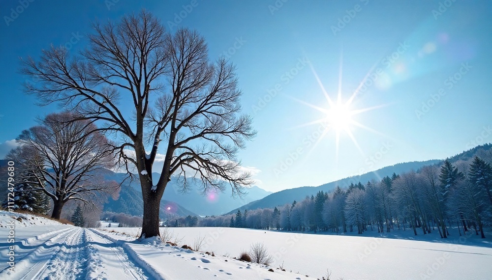 A winter landscape with bare trees against a clear blue sky and the sun shining down, serene, winter