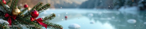Fir branches adorned with golden red balls and festive ribbons on a frozen lake, red, decoration