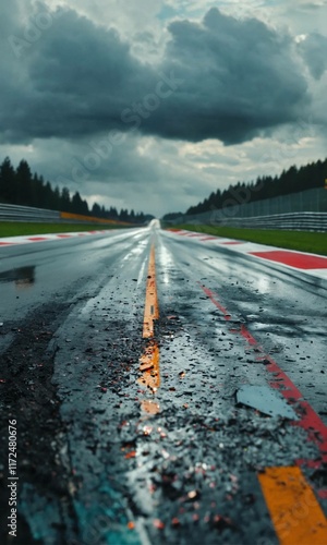 A view through the eyes of a Formula 1 pilot at the start. Fully ready for the race. A highway with damaged asphalt. Clouds and rain. 4k photo