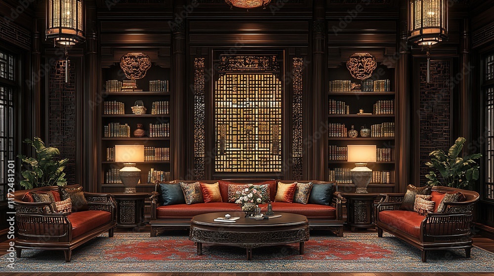 Obraz premium wooden furniture with intricate carvings, silk cushions and throws, dark wood bookshelf