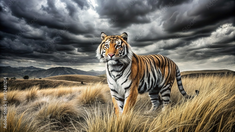 Fototapeta premium Majestic Black and White Tiger in Serengeti-like Landscape