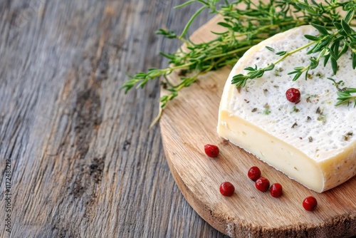 Käse mit Kräutern und rotem Pfeffer auf Holz - Copyspace photo