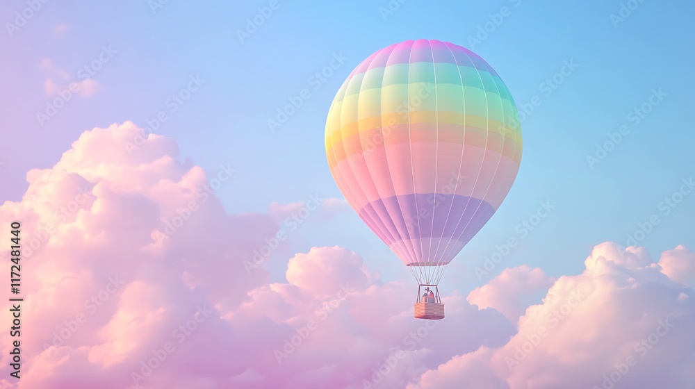 Fototapeta premium Pastel Hot Air Balloon Soaring Through Fluffy Clouds