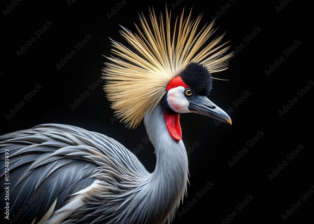Fototapeta premium Majestic Grey Crowned Crane Portrait - Isolated on Black, 4K