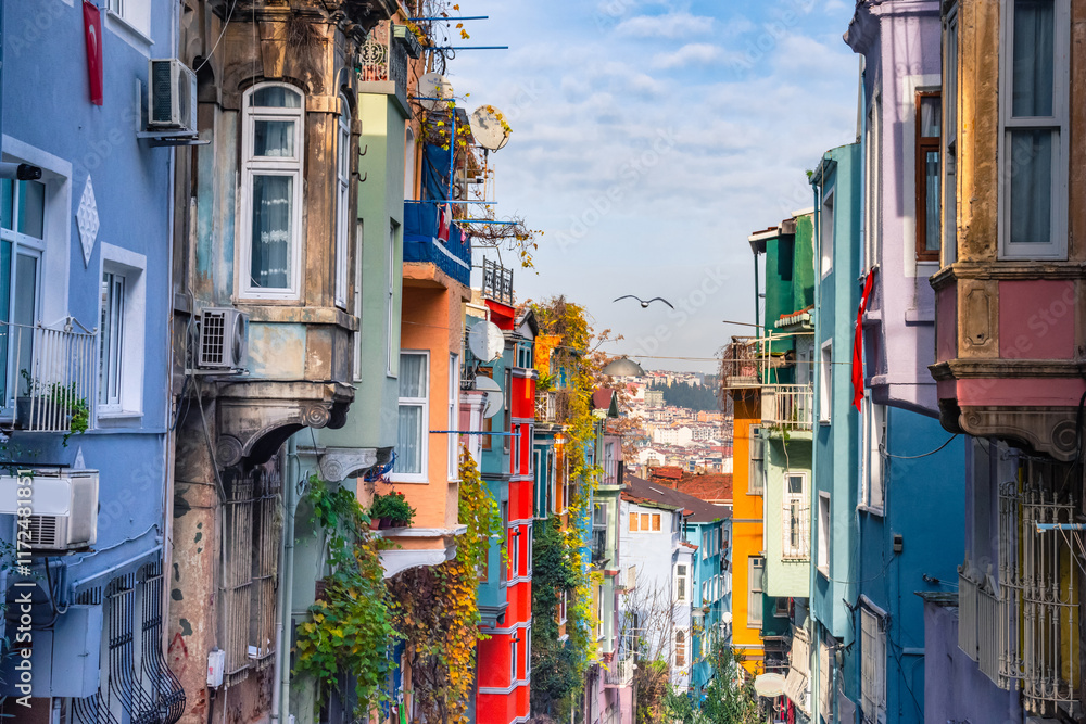 Balat district street view with colorful houses in Istanbul, Turkey.